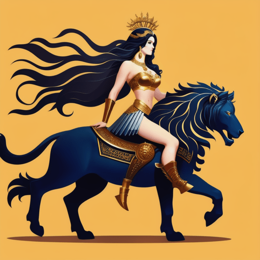 Bogini Inanna na grzbiecie lwa. Ilustracja do fragmentu powieści "Szlak Nieśmiertelności", autor: Kamil Exner